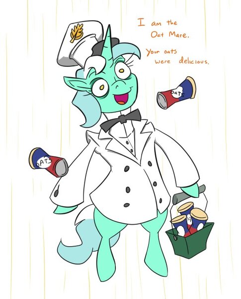 Size: 595x736 | Tagged: safe, artist:jargon scott, derpibooru import, lyra heartstrings, alicorn, pony, basket, bowtie, clothes, female, food, hoof hold, image, jpeg, mare, oats, psychonauts, simple background, solo, uniform, white background