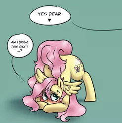 Size: 3346x3386 | Tagged: safe, artist:fluffleart, derpibooru import, fluttershy, pegasus, pony, blushing, face down ass up, female, green background, image, implied discord, implied discoshy, implied shipping, implied straight, jacko challenge, lewd, meme, offscreen character, png, simple background, solo, speech bubble, sweat