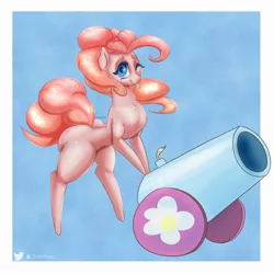 Size: 2500x2500 | Tagged: safe, artist:inky_mitts, derpibooru import, pinkie pie, earth pony, pony, ;p, balloonbutt, bipedal, bipedal leaning, butt, female, image, jpeg, leaning, mare, one eye closed, party cannon, plot, solo, thighs, thunder thighs, tongue out, wink