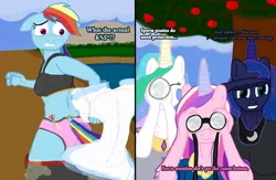 Size: 6150x4000 | Tagged: suggestive, artist:wayward pony, derpibooru import, princess cadance, princess celestia, princess luna, rainbow dash, anthro, apple, apple tree, binoculars, censored vulgarity, clothes, confused, cutting, daytime, dialogue, diaper, diapering, embarrassed, female, females only, floating, floppy ears, food, forced, fun, grawlixes, grin, humiliation, image, implied swearing, jogging, magic, outdoors, panties, pants, png, pond, prank, scissors, self harm, smiling, sports bra, suggestive dialogue, surprised, sweat, sweatpants, tail, tail hole, tail pull, tape, telescope, tree, underwear, undressing, vulgar