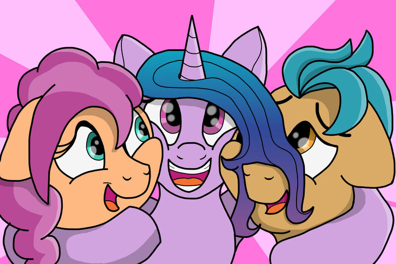 Size: 1280x854 | Tagged: safe, artist:pony-thunder, derpibooru import, hitch trailblazer, izzy moonbow, sunny starscout, g5, hug, image, jpeg