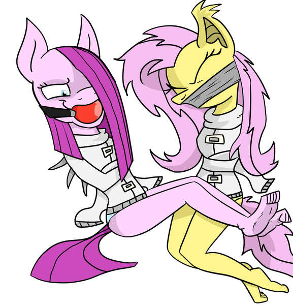 Size: 2952x3070 | Tagged: suggestive, artist:gagpal3, derpibooru import, fluttershy, pinkie pie, anthro, bat pony, earth pony, plantigrade anthro, pony, ballgag, barefoot, bat ponified, bondage, bound and gagged, clothes, duo, duo female, eyes closed, feet, female, females only, flutterbat, gag, hair over one eye, high res, image, jpeg, mare, panties, pinkamena diane pie, race swap, simple background, smiling, smirk, straitjacket, struggling, tape, tape gag, underwear, white background