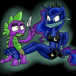 Size: 2952x2952 | Tagged: suggestive, alternate version, artist:gagpal3, derpibooru import, princess luna, spike, alicorn, anthro, dragon, plantigrade anthro, ankle tied, barefoot, bedroom eyes, belly button, black background, bondage, bound and gagged, cloth gag, clothes, feather, feet, fetish, fingerless gloves, foot fetish, gag, gloves, green outline, high res, image, imminent tickles, jpeg, midriff, open mouth, shorts, simple background, sports bra, sports shorts, tongue out