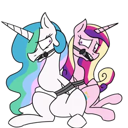 Size: 2952x2952 | Tagged: suggestive, artist:gagpal3, derpibooru import, princess cadance, princess celestia, alicorn, pony, arm behind back, aunt and niece, back to back, bit gag, bondage, bound and gagged, bound wings, duo, duo female, female, females only, gag, high res, image, mare, missing accessory, png, shrunken pupils, simple background, sitting, tied up, transparent background, wings, worried