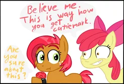 Size: 1024x697 | Tagged: suggestive, artist:gagpal3, derpibooru import, apple bloom, babs seed, earth pony, pony, :t, ballgag, blank flank, blatant lies, cousins, dialogue, duo, duo female, female, filly, freckles, gag, grin, image, jpeg, shrunken pupils, smiling, this will end in tree sap