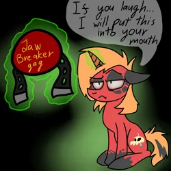 Size: 2952x2952 | Tagged: safe, artist:gagpal3, derpibooru import, oc, oc:cristina, ponified, unofficial characters only, pony, unicorn, ballgag, black background, female, floppy ears, gag, glowing horn, green outline, high res, horn, image, jpeg, levitation, lidded eyes, magic, magic aura, mare, ponified oc, simple background, sitting, solo, speech bubble, telekinesis, threat, unamused