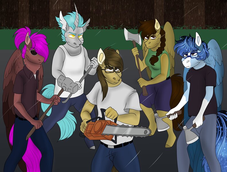 Size: 3030x2296 | Tagged: safe, artist:inisealga, derpibooru import, oc, oc:bass string, oc:bay mac, oc:lunar signal, oc:soaring spirit, oc:stormwing, unofficial characters only, anthro, bat pony, earth pony, hybrid, pegasus, pony, unicorn, axe, bat pony oc, bat wings, bill dauterive, boomhauer, braided ponytail, chainsaw, clothes, coat markings, commission, crowbar, dale gribble, earth pony oc, facial markings, female, fence, folded wings, glasses, grass, hammer, hank hill, hatchet, horn, hybrid oc, image, jeans, jpeg, king of the hill, male, mare, markings, neck fluff, pants, pegasus oc, peggy hill, ponytail, rain, shirt, skirt, sledgehammer, socks (coat marking), stallion, sunglasses, tanktop, unicorn oc, weapon, wings