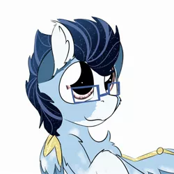 Size: 2362x2362 | Tagged: source needed, safe, artist:jubyskylines, derpibooru import, oc, oc:soaring spirit, unofficial characters only, pegasus, pony, blaze (coat marking), chest fluff, coat markings, colored wings, ear fluff, facial markings, fluffy, glasses, image, jpeg, male, markings, pegasus oc, shoulder fluff, simple background, smiling, socks (coat marking), solo, stallion, white background, wing brace, wings