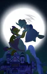 Size: 1280x2026 | Tagged: artist needed, source needed, safe, derpibooru import, ocellus, smolder, changedling, changeling, dragon, clothes, dress, eyes closed, female, flying, image, jpeg, lesbian, moon, moonlight, school of friendship, shipping, smolcellus