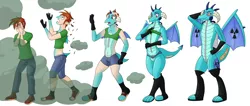 Size: 7220x3050 | Tagged: artist needed, source needed, safe, derpibooru import, princess ember, dragon, human, balding, biohazard, boots, clothes, cloud, gloves, hand on hip, hazmat suit, human to dragon, image, living suit, nuclear, png, shoes, transformation, transformation sequence, transgender transformation, wing growth, zipper