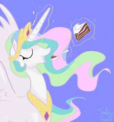 Size: 1422x1528 | Tagged: safe, artist:saltycube, derpibooru import, princess celestia, alicorn, pony, abstract background, cake, cakelestia, derpibooru exclusive, eating, eyes closed, female, food, image, magic, mare, open mouth, png, solo, spoon