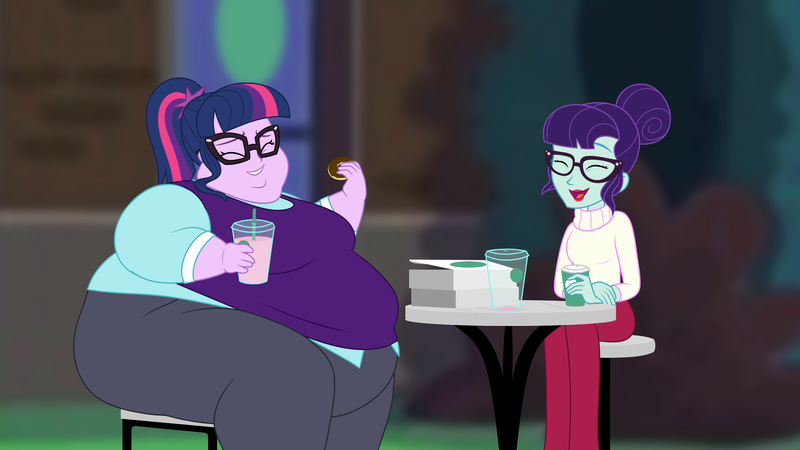 Size: 2560x1440 | Tagged: safe, artist:neongothic, derpibooru import, rosette nebula, sci-twi, twilight sparkle, equestria girls, bbw, belly, big belly, bingo wings, breasts, chubby cheeks, coffee, donut, double chin, fat, fat ass, fat boobs, fat fetish, fetish, food, image, morbidly obese, obese, png, sci-twilard, ssbbw, thighs, thunder thighs, twilard sparkle, weight gain