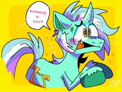 Size: 2048x1536 | Tagged: safe, artist:icky_slicky, derpibooru import, lyra heartstrings, pony, unicorn, blushing, curved horn, dialogue, heart, horn, image, jpeg, solo, trolling