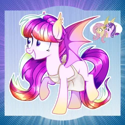 Size: 2048x2048 | Tagged: safe, artist:keeka-snake, derpibooru import, fluttershy, starlight glimmer, oc, bat pony, pony, apron, bat ponified, clothes, female, flutterbat, image, magical lesbian spawn, mare, offspring, parent:fluttershy, parent:starlight glimmer, png, race swap