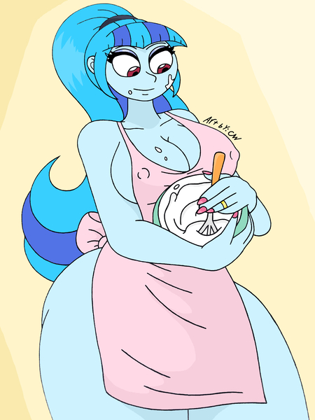 Size: 1932x2576 | Tagged: suggestive, artist:c_w, derpibooru import, sonata dusk, equestria girls, abstract background, apron, baking, batter, big breasts, bowl, breasts, busty sonata dusk, cleavage, clothes, cooking, curvy, erect nipples, eyeshadow, female, food, hairband, hourglass figure, image, jewelry, jpeg, looking down, makeup, messy, mixing bowl, nail polish, naked apron, nipple outline, pink nail polish, plump, ponytail, ring, signature, splatter, standing, stirring, thighs, whisk, wide hips