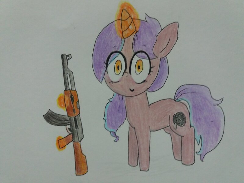 Size: 2064x1548 | Tagged: safe, artist:cherro, derpibooru import, oc, oc:love scene, unofficial characters only, pony, unicorn, ak-47, assault rifle, gun, image, jpeg, magic, rifle, solo, telekinesis, traditional art, weapon