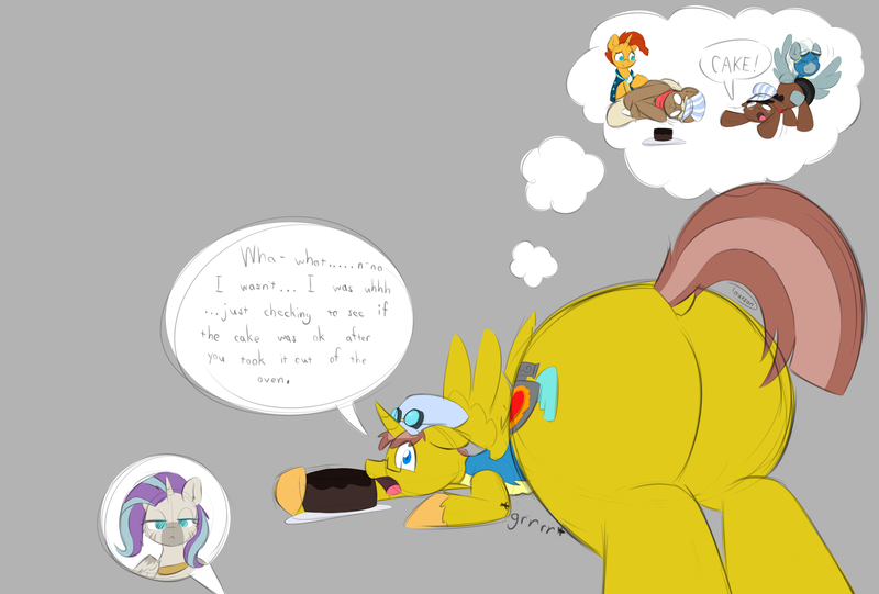 Size: 3496x2362 | Tagged: safe, artist:taurson, author:bigonionbean, derpibooru import, caboose, full steam, promontory, silver lining, silver zoom, sunburst, oc, oc:heartstrong flare, oc:princess mythic majestic, alicorn, earth pony, pegasus, pony, unicorn, zebra, alicorn oc, alicorn princess, butt, cake, clothes, commissioner:bigonionbean, cutie mark, dialogue, embarrassed, female, flank, food, fusion, fusion:heartstrong flare, fusion:princess mythic majestic, glasses, goggles, hat, horn, image, jewelry, large butt, male, mare, plate, plot, png, shocked, shocked expression, stallion, thought bubble, unamused, uniform, wings, wonderbolt trainee uniform, wonderbolts uniform