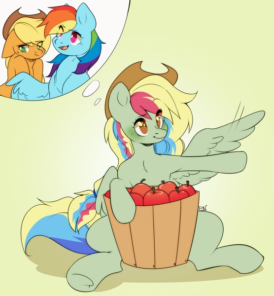 Size: 2001x2160 | Tagged: safe, artist:pledus, author:bigonionbean, derpibooru import, applejack, rainbow dash, oc, oc:zap-apple jam, earth pony, pegasus, pony, apple, appledash, applejack's hat, blushing, bucket, clothes, commissioner:bigonionbean, cowboy hat, cutie mark, embarrassed, female, food, freckles, fusion, fusion:zap-apple jam, hair bun, hat, image, jpeg, lesbian, magical lesbian spawn, mare, offspring, parent:applejack, parent:rainbow dash, parents:appledash, shipping, stetson, thought bubble