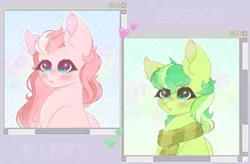 Size: 795x523 | Tagged: safe, artist:saltyvity, derpibooru import, oc, pegasus, pony, blue eyes, blushing, clothes, commission, cute, green eyes, heart, image, paint tool sai, png, scarf, sparkles, ych example, ych result, your character here