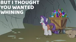 Size: 1280x720 | Tagged: safe, derpibooru import, edit, edited screencap, editor:quoterific, screencap, rarity, spot, diamond dog, pony, unicorn, a dog and pony show, season 1, caption, eyes closed, female, gem, gem cave, horn, image, jpeg, mare, open mouth, shadow, solo, standing, text, wagon