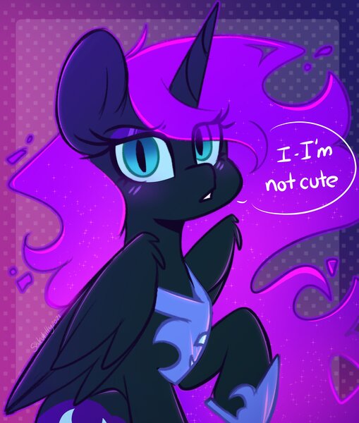 Size: 2184x2574 | Tagged: safe, artist:sakukitty, derpibooru import, nightmare moon, alicorn, pony, abstract background, blushing, cute, dialogue, female, image, jpeg, lidded eyes, lies, looking at you, mare, raised hoof, solo