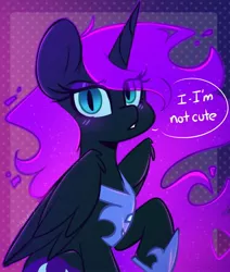 Size: 2184x2574 | Tagged: safe, artist:sakukitty, derpibooru import, nightmare moon, alicorn, pony, abstract background, blushing, cute, dialogue, female, image, jpeg, lidded eyes, lies, looking at you, mare, raised hoof, solo