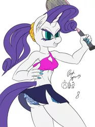 Size: 896x1200 | Tagged: suggestive, artist:sepiakeys, derpibooru import, rarity, anthro, clothes, female, image, miniskirt, panties, png, simple background, skirt, solo, solo female, tennis racket, underwear, upskirt, white background