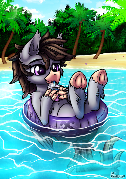 Size: 3508x4961 | Tagged: safe, alternate version, artist:kruszyna25, derpibooru import, oc, oc:luxor, unofficial characters only, classical hippogriff, hippogriff, beach, commission, cute, image, inflatable, inner tube, milkshake, png, transparent, underhoof, unshorn fetlocks, ych result