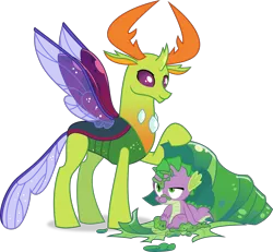 Size: 3000x2774 | Tagged: safe, artist:frownfactory, derpibooru import, spike, thorax, changedling, changeling, dragon, to where and back again, antlers, changeling slime, cocoon, horn, image, king thorax, male, png, simple background, slime, transparent background, vector, wings