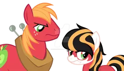 Size: 1024x590 | Tagged: safe, artist:hovesoffire48, derpibooru import, big macintosh, oc, oc:thunder apple, earth pony, pony, angry, base used, deviantart watermark, father and child, father and daughter, female, filly, frown, image, male, obtrusive watermark, offspring, parent:big macintosh, parents:canon x oc, png, simple background, transparent background, watermark