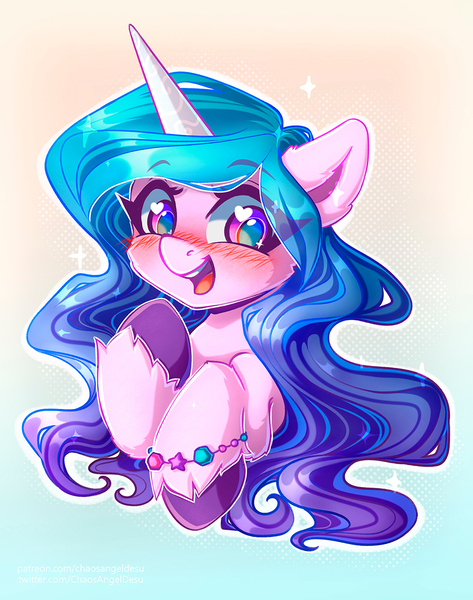 Size: 1000x1269 | Tagged: safe, artist:chaosangeldesu, derpibooru import, izzy moonbow, pony, unicorn, blushing, bust, cute, g5, gradient background, heart eyes, image, jpeg, portrait, smiling, solo, wingding eyes