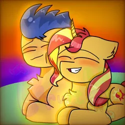 Size: 768x768 | Tagged: safe, artist:appleisfruit, derpibooru import, flash sentry, sunset shimmer, pegasus, pony, unicorn, blushing, chest fluff, eyes closed, female, flashimmer, grin, image, jpeg, lying down, male, prone, shipping, side by side, smiling, straight, watermark