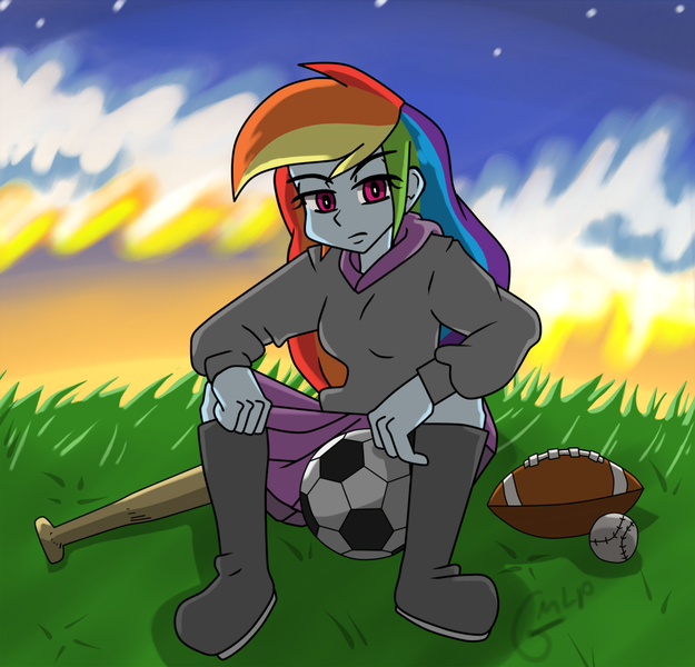 Size: 1100x1056 | Tagged: safe, artist:genericmlp, derpibooru import, rainbow dash, equestria girls, american football, ball, baseball, baseball bat, clothes, football, image, png, skirt, solo, sports, sweater