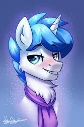 Size: 2000x3000 | Tagged: safe, artist:jedayskayvoker, derpibooru import, oc, oc:needed, pony, unicorn, blushing, bust, clothes, commission, cute, eyebrows, eyebrows up, eyebrows visible through hair, glitter, heart eyes, icon, image, looking at you, male, png, portrait, scarf, solo, stallion, wingding eyes