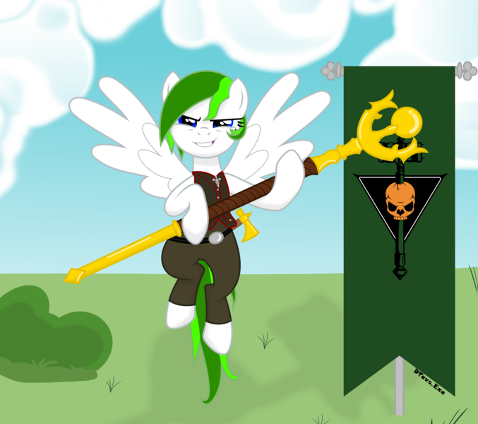 Size: 6095x5400 | Tagged: safe, artist:dtavs.exe, derpibooru import, oc, oc:flor de izote(izzi), pegasus, pony, clothes, female, flag, hatchet, image, life staff, marauder, mare, new world (game), pants, pegasus oc, png, show accurate, skull, smiling, smirk, vest, wings