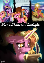 Size: 1920x2716 | Tagged: safe, artist:julunis14, derpibooru import, gallop j. fry, luster dawn, princess twilight 2.0, starlight glimmer, sunburst, twilight sparkle, twilight sparkle (alicorn), alicorn, earth pony, unicorn, fanfic, the last problem, alicornified, beach, commission, crying, darkness, fanfic art, fanfic cover, female, image, jpeg, letter, magic, male, older, older starlight glimmer, older sunburst, older twilight, queen twilight, quill, race swap, school of friendship, shipping, starburst, starlight's office, straight, sunset