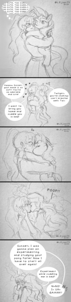 Size: 720x3053 | Tagged: safe, artist:lzjian79, derpibooru import, sci-twi, sunset shimmer, twilight sparkle, pony, unicorn, equestria girls, comic, female, hugging a pony, image, kissing, lesbian, pencil drawing, png, scitwishimmer, self ponidox, shipping, sketch, speech bubble, sunsetsparkle, traditional art, transformation