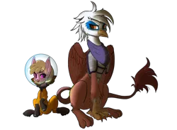 Size: 1280x939 | Tagged: safe, artist:turbovilka, derpibooru import, oc, oc:henrietta firebright, oc:puppysmiles, earth pony, gryphon, pony, fallout equestria, fallout equestria: pink eyes, fanfic art, image, png