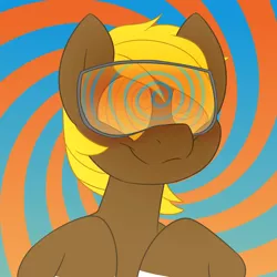 Size: 1200x1200 | Tagged: safe, artist:2k.bugbytes, ponybooru import, oc, oc:acres, unofficial characters only, earth pony, pony, blonde, blonde mane, blushing, brown coat, bust, coat markings, earth pony oc, fetish, hypnogear, hypnosis, hypnosis fetish, hypnotized, image, male, png, simple background, smiling, solo, stallion, swirly eyes
