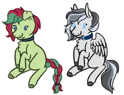 Size: 1134x867 | Tagged: safe, artist:misskanabelle, derpibooru import, oc, unofficial characters only, earth pony, pegasus, pony, braided tail, chest fluff, choker, commission, duo, earth pony oc, image, pegasus oc, png, simple background, smiling, transparent background, wings, ych result