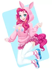Size: 1280x1732 | Tagged: safe, artist:dstears, derpibooru import, pinkie pie, human, abstract background, balloonbutt, breasts, butt, clothes, hoodie, humanized, image, jpeg, open mouth, shoes, skirt, socks, stockings, thigh highs