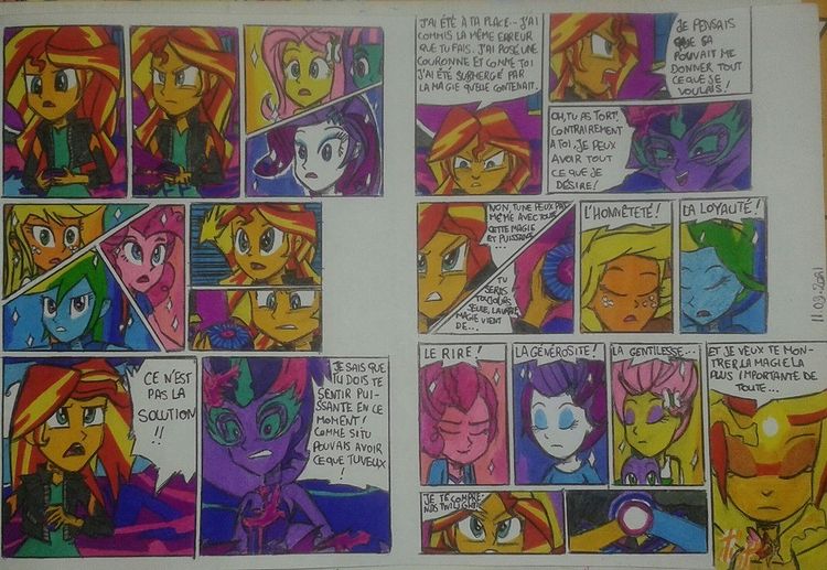 Size: 750x517 | Tagged: safe, artist:karadeg, derpibooru import, applejack, fluttershy, pinkie pie, rarity, sci-twi, sunset shimmer, twilight sparkle, equestria girls, friendship games, comic, daydream shimmer, derpibooru exclusive, french, image, jpeg, midnight sparkle, transformation