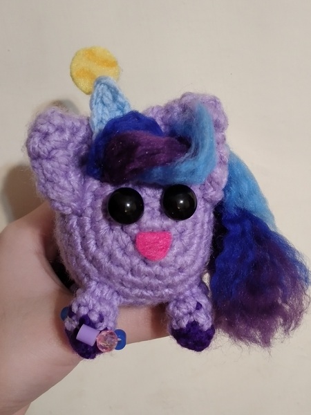 Size: 2304x3072 | Tagged: safe, artist:casquitos kawaii, derpibooru import, izzy moonbow, pony, unicorn, amigurumi, ball, crochet, g5, handmade, image, izzy's tennis ball, jpeg, photo, plushie, solo, tennis ball