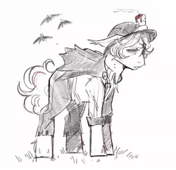 Size: 1024x990 | Tagged: safe, artist:karamboll, derpibooru import, bat, earth pony, pony, vampire, bite mark, candle, cape, clothes, crossover, fangs, fluffy mane, identity v, image, jpeg, norton campbell, scar, sketch, solo