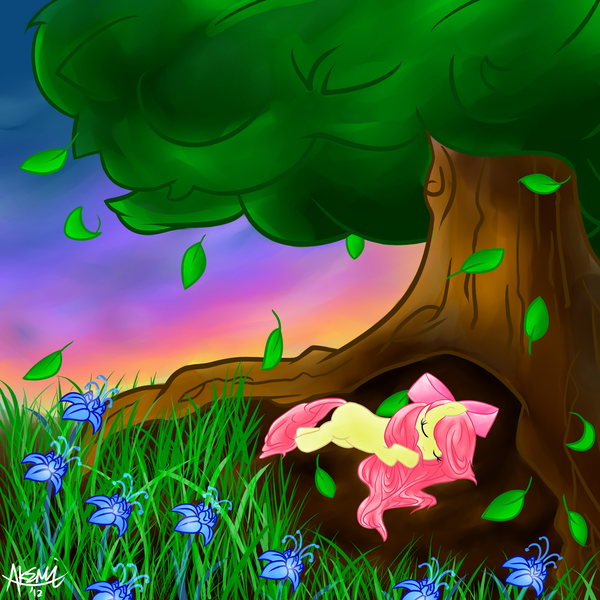 Size: 2000x2000 | Tagged: safe, artist:myphobia, derpibooru import, apple bloom, earth pony, pony, female, filly, flower, image, leaf, orchard, png, poison joke, sleeping, solo