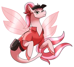 Size: 1046x949 | Tagged: safe, artist:eternity9, derpibooru import, oc, unofficial characters only, seapony (g4), bag, clothes, crossover, digital art, female, fins, fin wings, fish tail, green eyes, hat, image, looking at you, png, seaponified, simple background, smiling, solo, species swap, tail, transparent background, wings