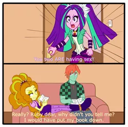 Size: 4197x4186 | Tagged: safe, artist:floonasif, derpibooru import, adagio dazzle, aria blaze, sonata dusk, oc, oc:ruby sword, equestria girls, book, canon x oc, image, lying down, open mouth, png, sitting, smiling, smirk, the dazzlings, unamused