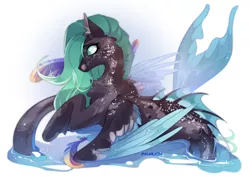 Size: 1280x908 | Tagged: safe, artist:pharaohy, derpibooru import, oc, unofficial characters only, hybrid, merpony, seapony (g4), chest fluff, commission, dorsal fin, ear fluff, feather, fins, fish tail, flowing mane, flowing tail, green eyes, green mane, image, jpeg, signature, simple background, solo, tail, water, white background, wings