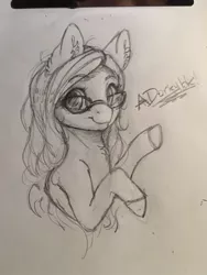 Size: 768x1024 | Tagged: safe, artist:miokomata, derpibooru import, oc, unofficial characters only, earth pony, pony, female, glasses, grayscale, image, jpeg, looking at you, mare, monochrome, pencil drawing, smiling, smiling at you, solo, traditional art