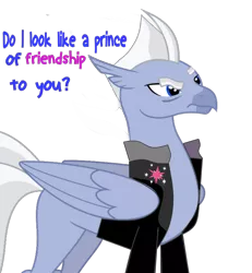 Size: 1024x1107 | Tagged: safe, artist:damiranc1, derpibooru import, oc, oc:roe pearl, classical hippogriff, hippogriff, clothes, eyebrows, image, jacket, male, png, raised eyebrow, roe pearl is not amused, ron perlman, simple background, solo, text, transparent background, vector